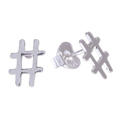 Sterling silver stud earrings, 'Trending' - Handmade Sterling Silver Hashtag Stud Earrings