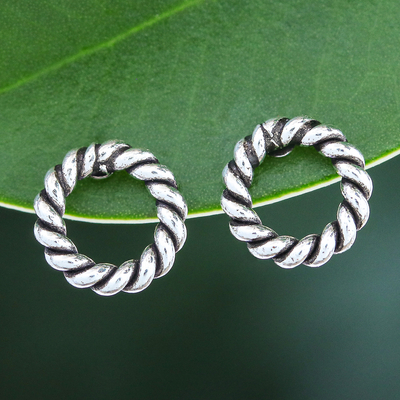 Sterling silver stud earrings, 'Black Spiral' - Hand Crafted Oxidized Sterling Silver Stud Earrings