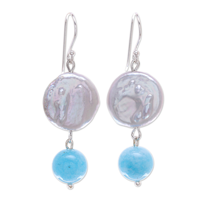 Cultured pearl and quartz dangle earrings, 'Blue Candy Sea' - Cultured Freshwater Pearl and Quartz Dangle Earrings