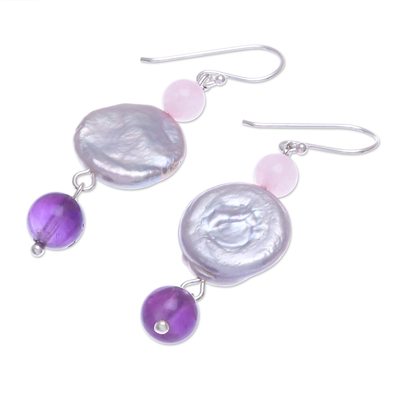 Multi-gemstone dangle earrings, 'Cotton Candy Sea' - Cultured Pearl and Rose Quartz Dangle Earrings