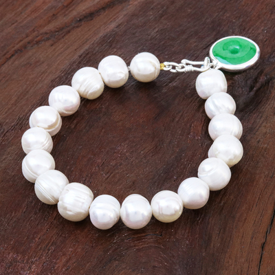 Pulsera de perlas cultivadas y jade - Brazalete artesanal de jade y perlas cultivadas
