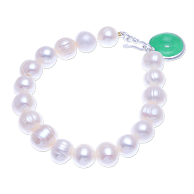 Pulsera de perlas cultivadas y jade - Brazalete artesanal de jade y perlas cultivadas