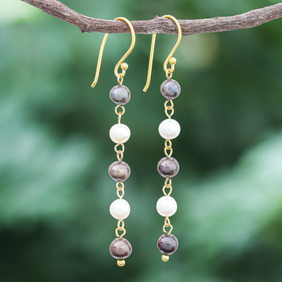 Gold-plated cultured pearl dangle earrings, 'Night Out' - Gold-Plated Sterling Silver Cultured Peal Dangle Earrings
