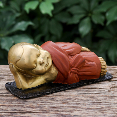 Brass sculpture, 'Sleepy Monk in Orange' - Hand Made Brass Monk Sculpture