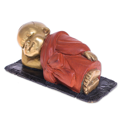 Brass sculpture, 'Sleepy Monk in Orange' - Hand Made Brass Monk Sculpture
