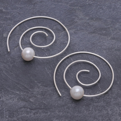 Cultured pearl drop earrings, 'Spiral of the Sea' - Cultured Pearl and Sterling Silver Spiral Earrings