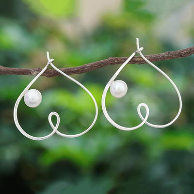 Cultured pearl drop earrings, 'Loopy for Love' - Cultured Freshwater Pearl and Sterling Silver Heart Earrings