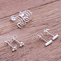 Sterling silver stud earrings, 'Every Day Trio' (set of 3) - Handmade Sterling Silver Stud Earrings (Set of 3)