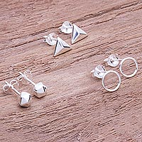 Sterling silver stud earrings, 'Every Day Look' (set of 3)