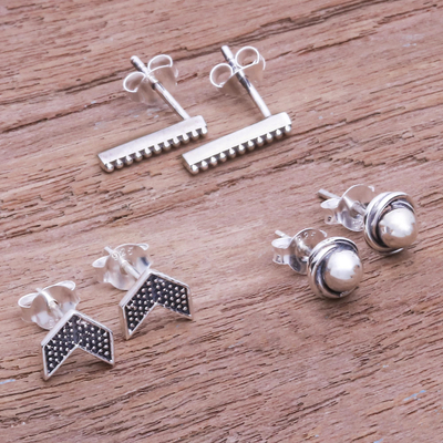 Sterling silver stud earrings, 'Weekday Trio' (set of 3) - Artisan Made Sterling Silver Stud Earrings (Set of 3)
