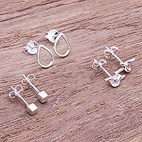 Sterling silver stud earrings, 'Subtle Charm' (set of 3) - Artisan Crafted Sterling Silver Stud Earrings (Set of 3)
