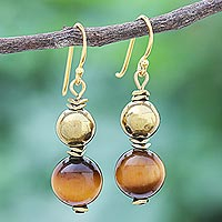 Gold-plated tiger's eye and hematite dangle earrings, 'Tiger Charm' - Gold-Plated Tiger's Eye and Hematite Dangle Earrings