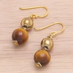 Gold-plated tiger's eye and hematite dangle earrings, 'Tiger Charm' - Gold-Plated Tiger's Eye and Hematite Dangle Earrings