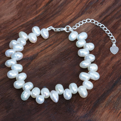 Cultured pearl bracelet, 'Sea Breath in White' - Hand Made Sterling Silver and Cultured Pearl Bracelet