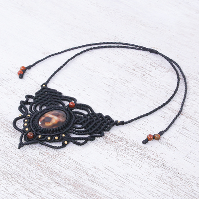Agate macrame necklace, 'Mystic Sunset' - Agate, Brass Beads and Macrame Necklace From Thailand