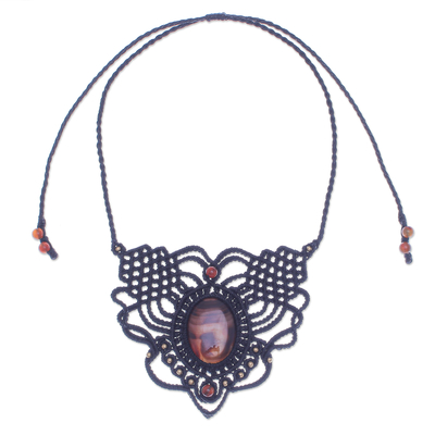 Agate macrame necklace, 'Mystic Sunset' - Agate, Brass Beads and Macrame Necklace From Thailand