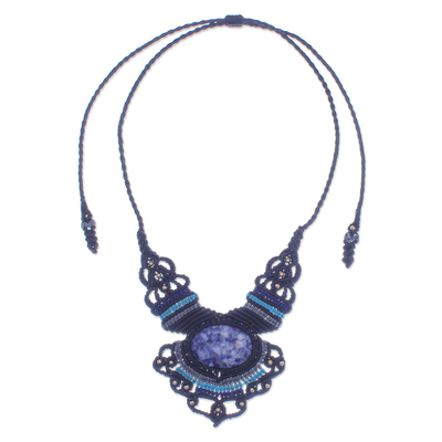 Macrame sodalite pendant necklace, 'Boho Star' - Macrame Sodalite and Brass Bead Pendant Necklace