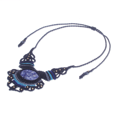 Macrame sodalite pendant necklace, 'Boho Star' - Macrame Sodalite and Brass Bead Pendant Necklace