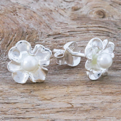 Cultured pearl stud earrings, 'Sea Petals' - Sterling Silver and Cultured Pearl Stud Earrings