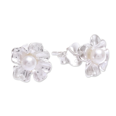 Cultured pearl stud earrings, 'Sea Petals' - Sterling Silver and Cultured Pearl Stud Earrings