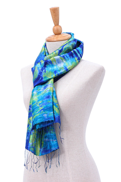 Tie-dyed silk scarf, 'Smiling Sea' - Fringed Tie-Dyed Silk Scarf