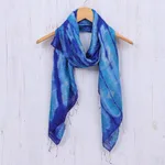 Batik silk scarf, 'Summer Ocean' - Batik Printed Blue Silk Scarf