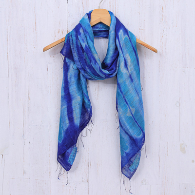 Pañuelo de seda batik - Pañuelo de seda azul estampado batik
