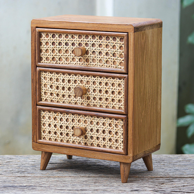 Teak wood and natural fiber Jewellery box, 'Timeless Appeal' - Teak Wood and Rattan Fiber Jewellery Box