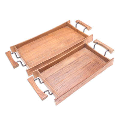Hand Made Teak Wood and Iron Serving Trays (Pair)