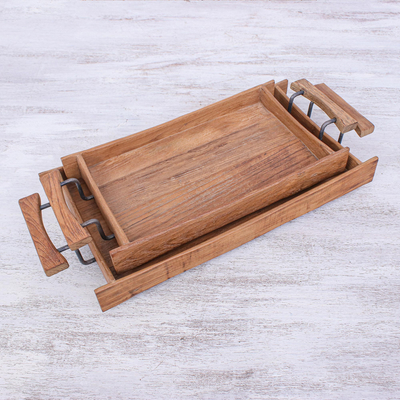 Teak wood serving trays, 'Favorite Breakfast' (pair) - Hand Made Teak Wood and Iron Serving Trays (Pair)