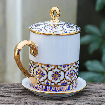 Benjarong porcelain cup and saucer, 'Royal Drink' - Hand Painted Porcelain Cup and Saucer Set