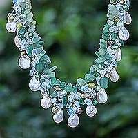 Collar de cascada de piedras preciosas múltiples, 'Beso submarino' - Collar de cascada de piedra lunar arcoíris y perlas cultivadas