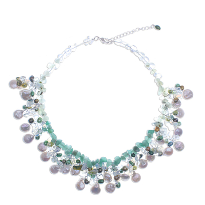 Multi-gemstone waterfall necklace, 'Underwater Kiss' - Rainbow Moonstone and Cultured Pearl Waterfall Necklace