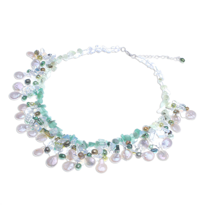 Multi-gemstone waterfall necklace, 'Underwater Kiss' - Rainbow Moonstone and Cultured Pearl Waterfall Necklace