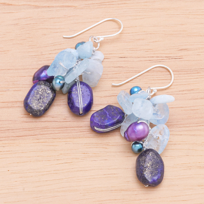 Pendientes colgantes con múltiples piedras preciosas - Pendientes colgantes de lapislázuli y aguamarina