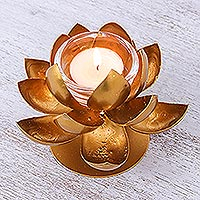 Steel and gold foil tealight holder, 'Lovely Lotus' - Steel and Gold Foil Lotus Tealight Holder