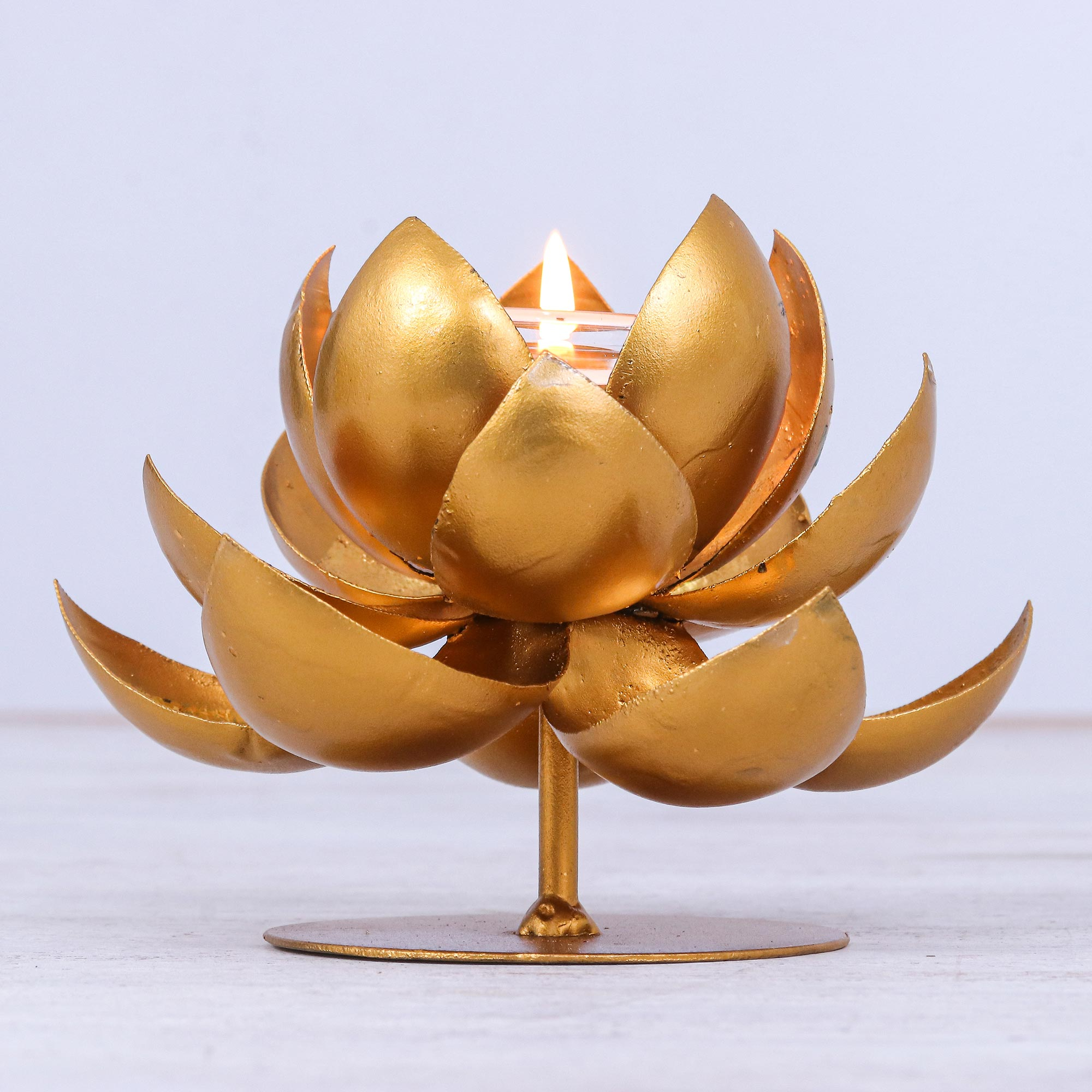 Steel and Gold Foil Lotus Tealight Holder - Lovely Lotus | NOVICA