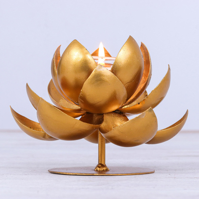 Steel and gold foil tealight holder, 'Lovely Lotus' - Steel and Gold Foil Lotus Tealight Holder