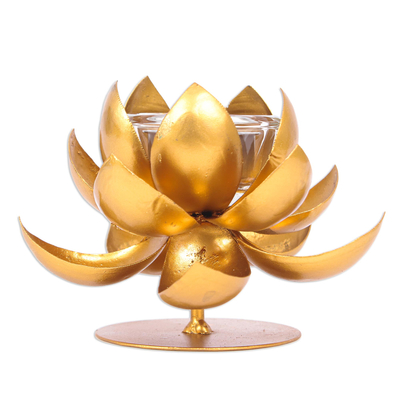 Teelichthalter aus Stahl und Goldfolie - Lotus-Teelichthalter aus Stahl und Goldfolie