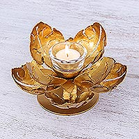 Steel tealight holder, 'Blessed Lotus' - Hand Cut Steel and Gold Foil Lotus Tealight Holder