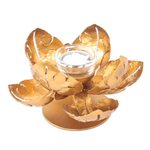 Steel tealight holder, 'Blessed Lotus' - Hand Cut Steel and Gold Foil Lotus Tealight Holder