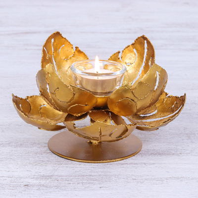 Teelichthalter aus Stahl - Handgeschnittener Lotus-Teelichthalter aus Stahl und Goldfolie