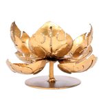 Steel tealight holder, 'Blessed Lotus' - Hand Cut Steel and Gold Foil Lotus Tealight Holder