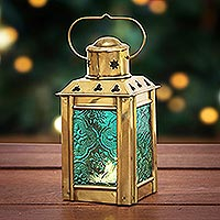 Glass and brass tealight holder, 'Lantern in Green'