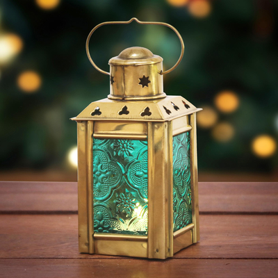 Glass and brass tealight holder, 'Lantern in Green' - Green Pressed Glass and Brass Tealight Holder
