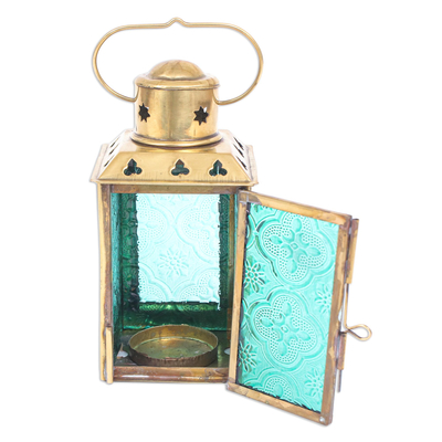 Glass and brass tealight holder, 'Lantern in Green' - Green Pressed Glass and Brass Tealight Holder