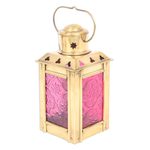 Glass and brass tealight holder, 'Lantern in Red' - Red Pressed Glass and Brass Tealight Holder