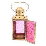 Glass and brass tealight holder, 'Lantern in Red' - Red Pressed Glass and Brass Tealight Holder