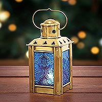 Glass and brass tealight holder, 'Lantern in Blue' - Blue Pressed Glass and Brass Tealight Holder