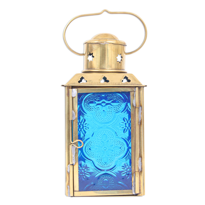 Linterna candelita de vidrio y latón - Linterna candelita de latón y vidrio prensado azul